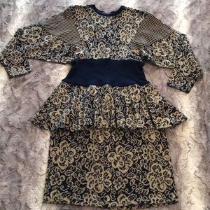 Vtg Choon Blue Tan Floral 80’s Dress Sz L